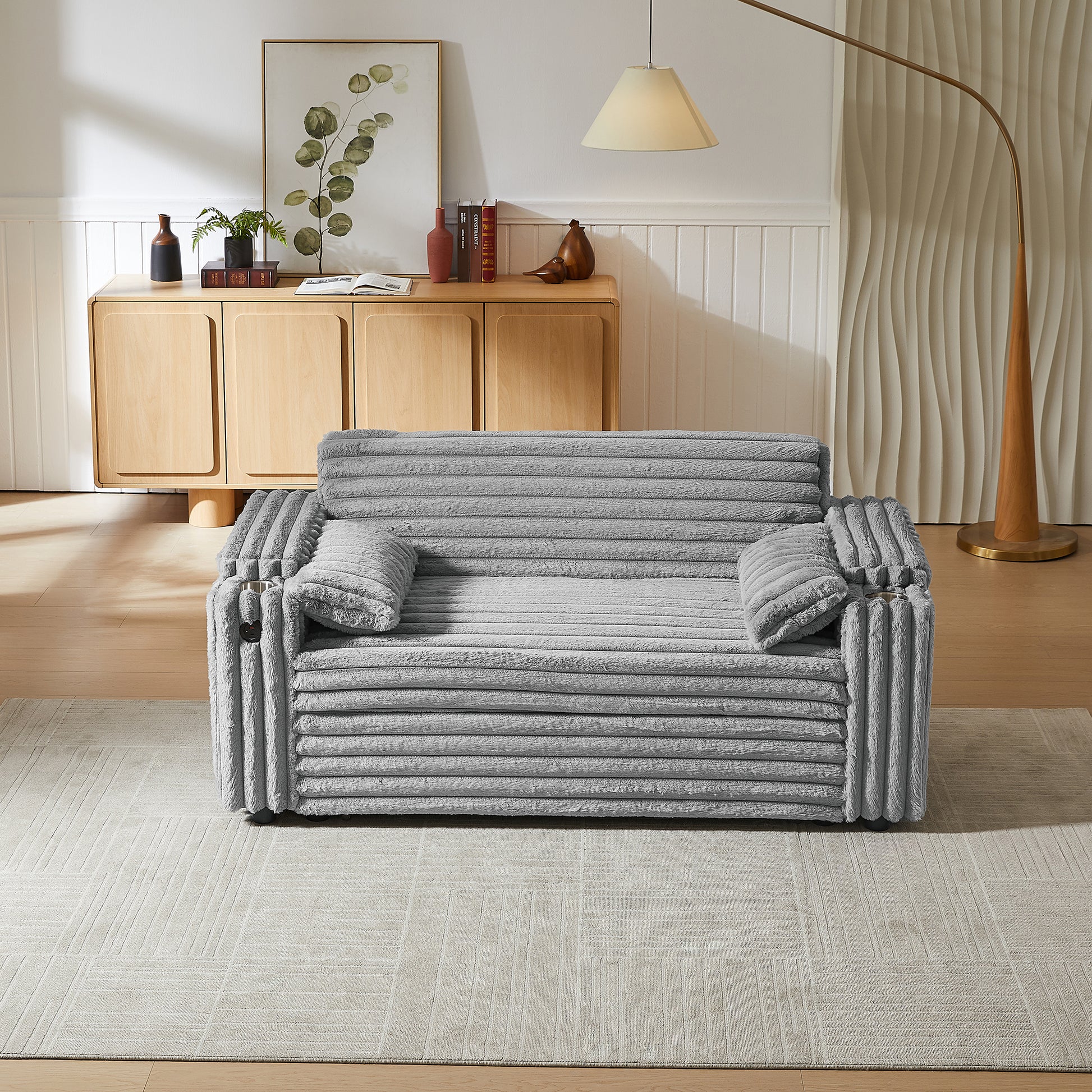 Light Grey Corduroy Sofa Bed with Pull Out Bed image 2