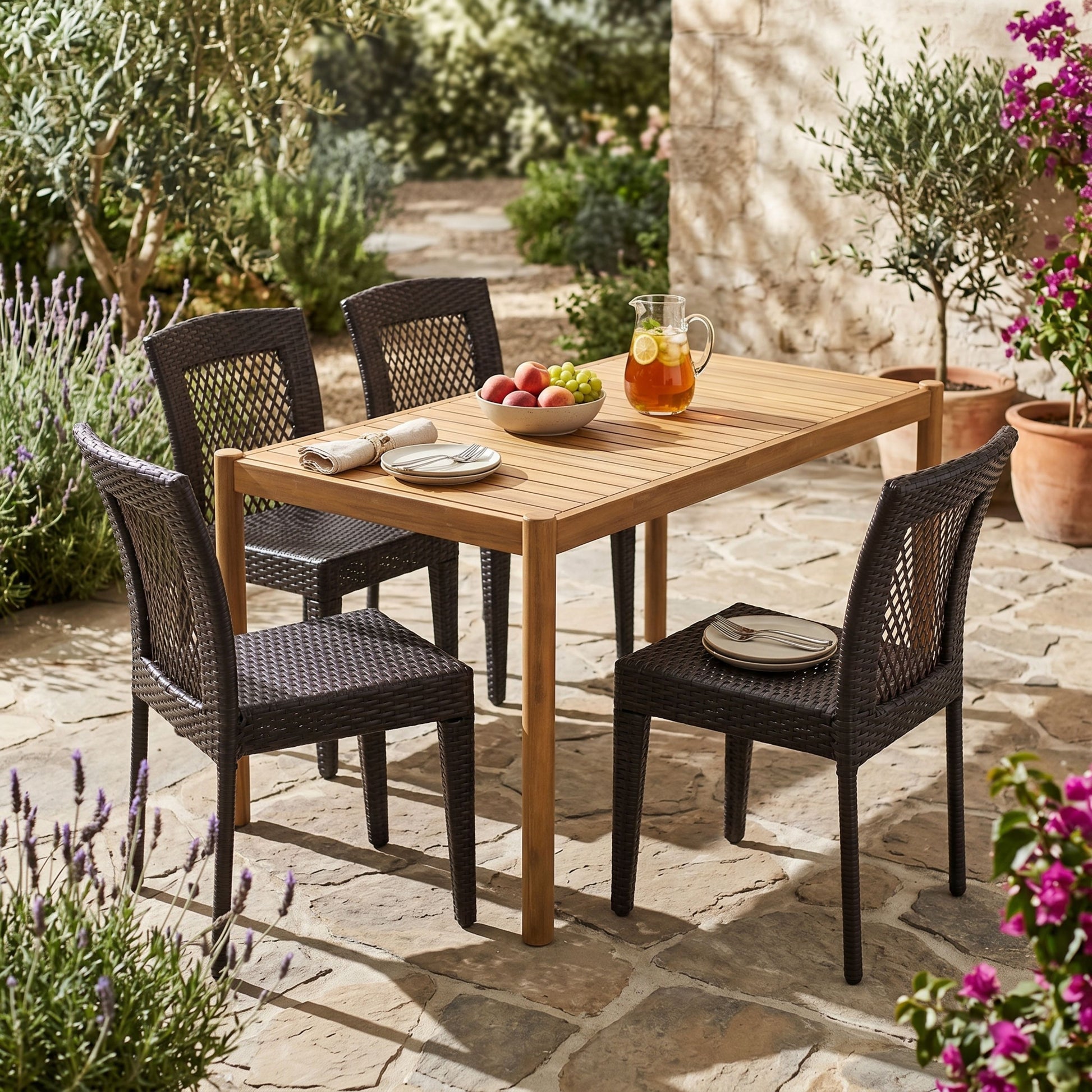 5-Piece Outdoor Dining Set, Acacia Wood Rectangular Patio Table & 4 PE Rattan Iron Frame Dining Chairs image 1