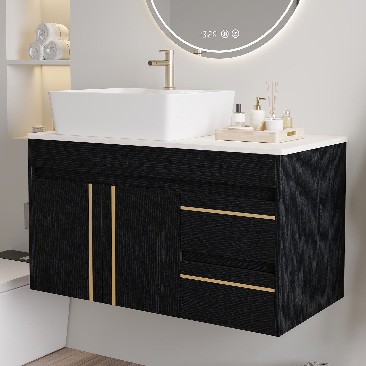 36" Wall-Mounted Bathroom Vanity with Vessel Ceramic Sink & Plywood Countertop – Soft-Close Door & Drawers, Floating Design image 5