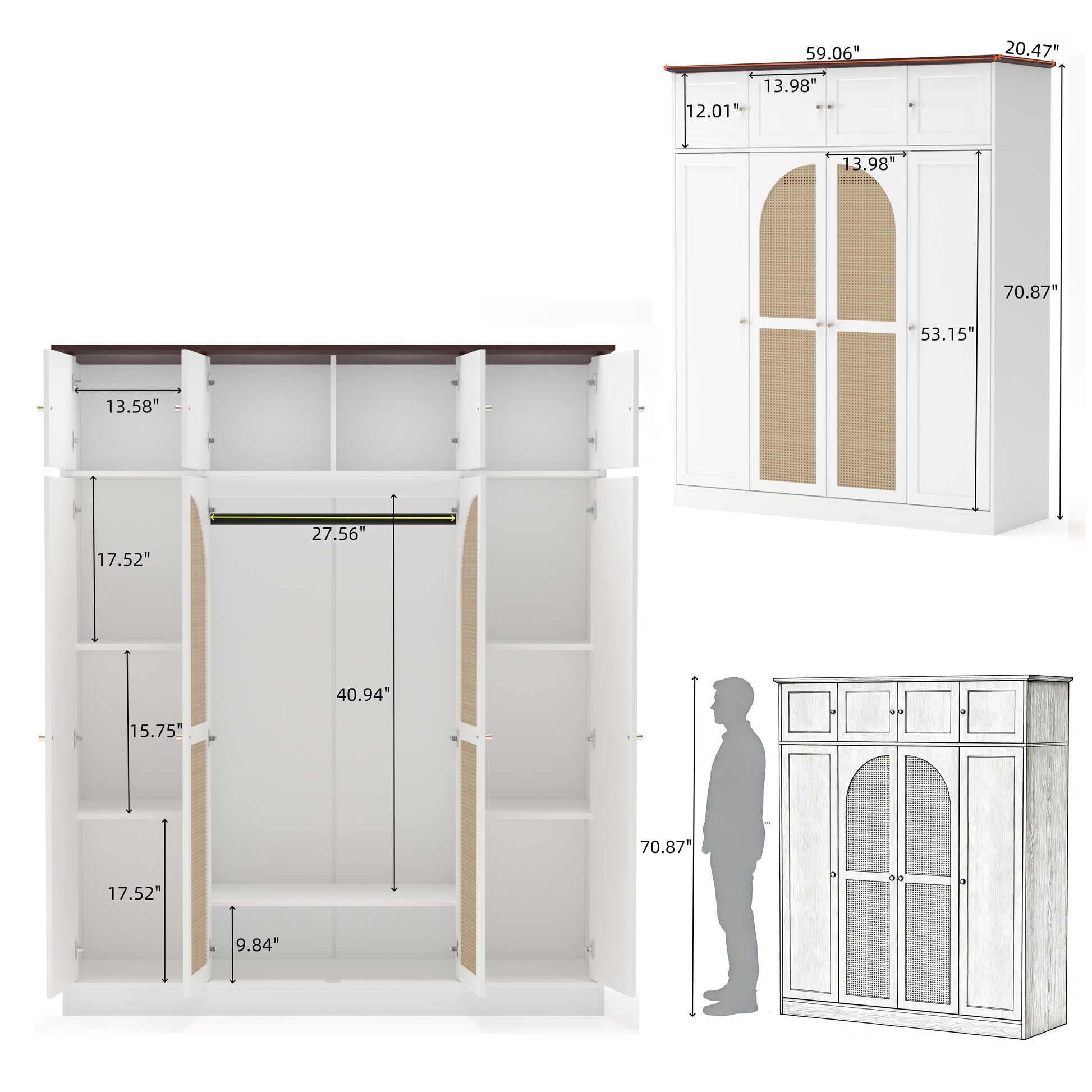 70.87"Tall 8-Door Large Capacity Armoire Wardrobe Closet with Hanging Rod, Adjustable Shelves and Rattan Decorative Doors, Clothing Storage Cabinet for Bedroom, walk-in closet, Living Room, White image 10