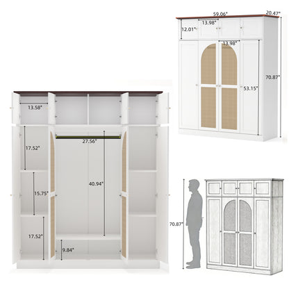 70.87"Tall 8-Door Large Capacity Armoire Wardrobe Closet with Hanging Rod, Adjustable Shelves and Rattan Decorative Doors, Clothing Storage Cabinet for Bedroom, walk-in closet, Living Room, White image 10