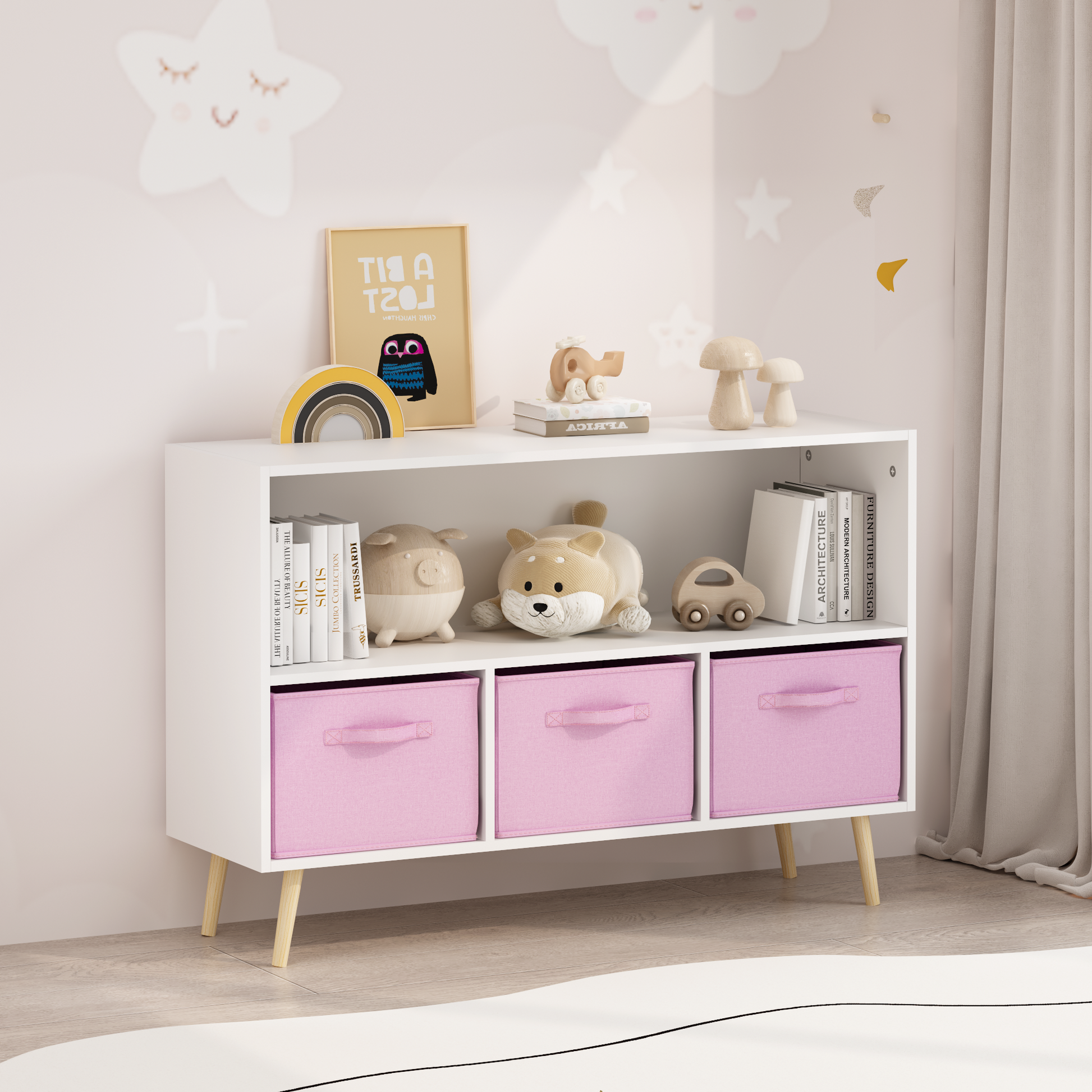 Kids bookcase with Collapsible Fabric Drawers, Children's Book Display, Toy Storage Cabinet Organizer, White/Pink image 3