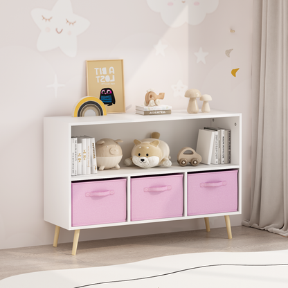 Kids bookcase with Collapsible Fabric Drawers, Children's Book Display, Toy Storage Cabinet Organizer, White/Pink image 3