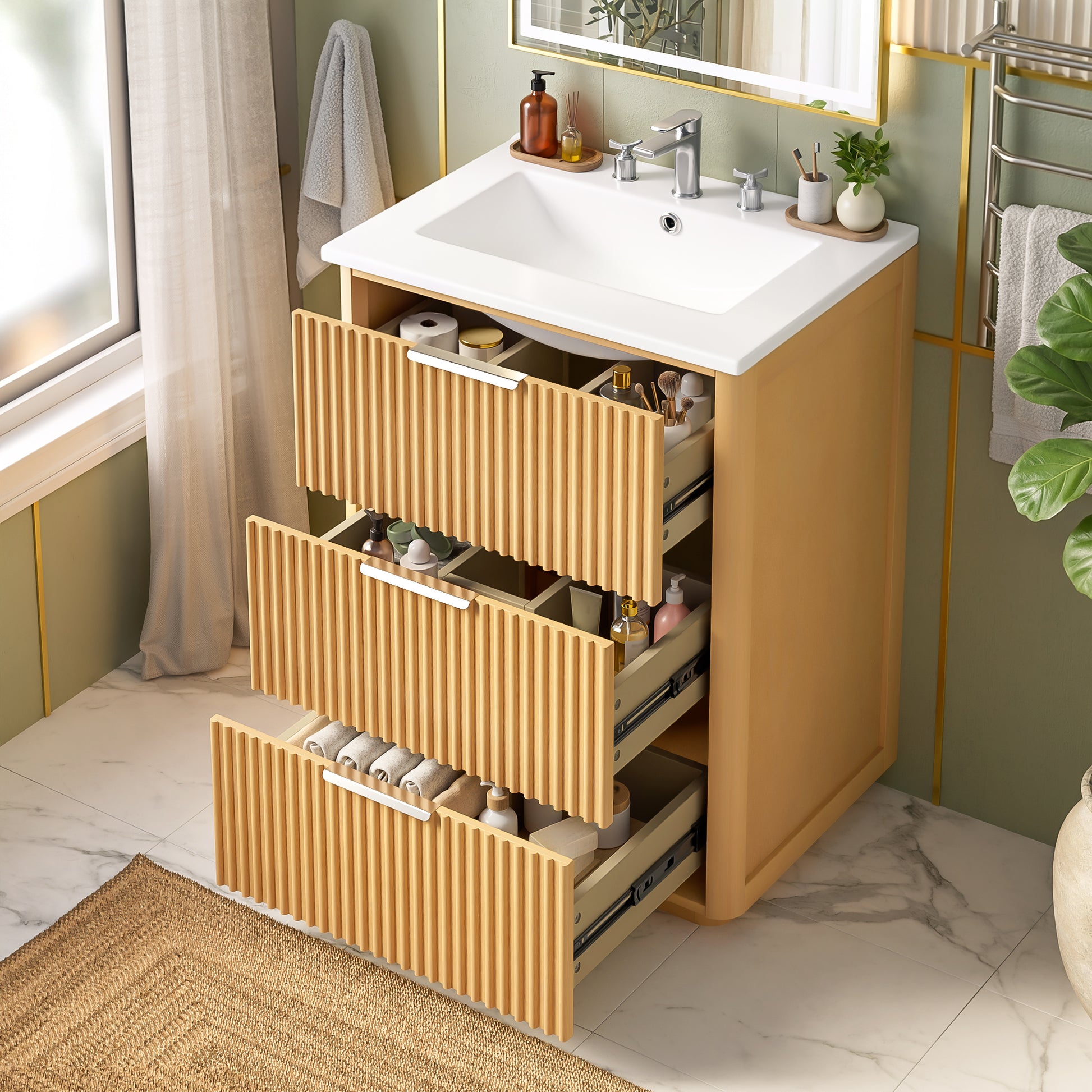 24 inch Modern Luxury Bathroom Vanity with Ceramic Sink, Bathroom Cabinet with Open Shelf and Closed Storage image 4