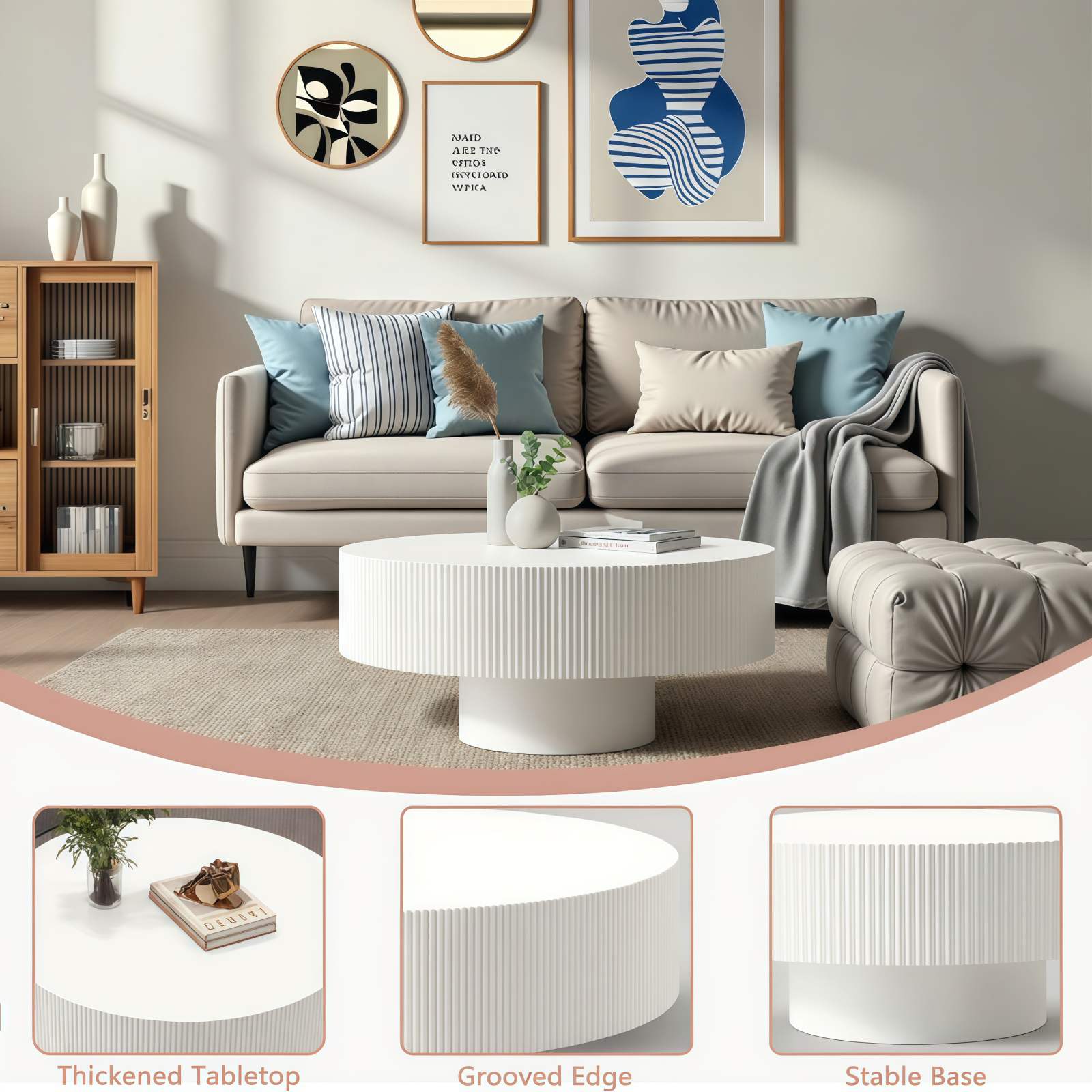 Round Coffee Table, Fluted Coffee Table with Sturdy Pedestal, Mid Century Modern Coffee Table for Living Room, Bedroom, Terrace, Office, Small Space (White Round Thick) image 7