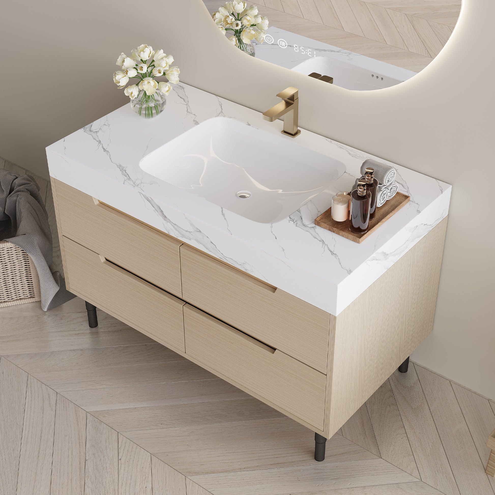 35.4" Modern Bathroom Vanity with Undermount Sink, Sintered Stone Top, Waterproof Multi-layer Solid Wood, 4 Drawers Storage, Free-standing/Wall-Mounted image 3