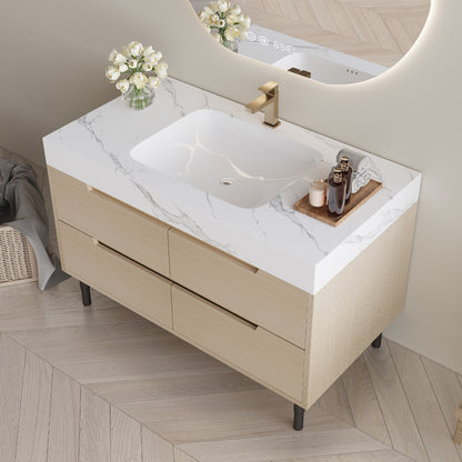35.4" Modern Bathroom Vanity with Undermount Sink, Sintered Stone Top, Waterproof Multi-layer Solid Wood, 4 Drawers Storage, Free-standing/Wall-Mounted image 3