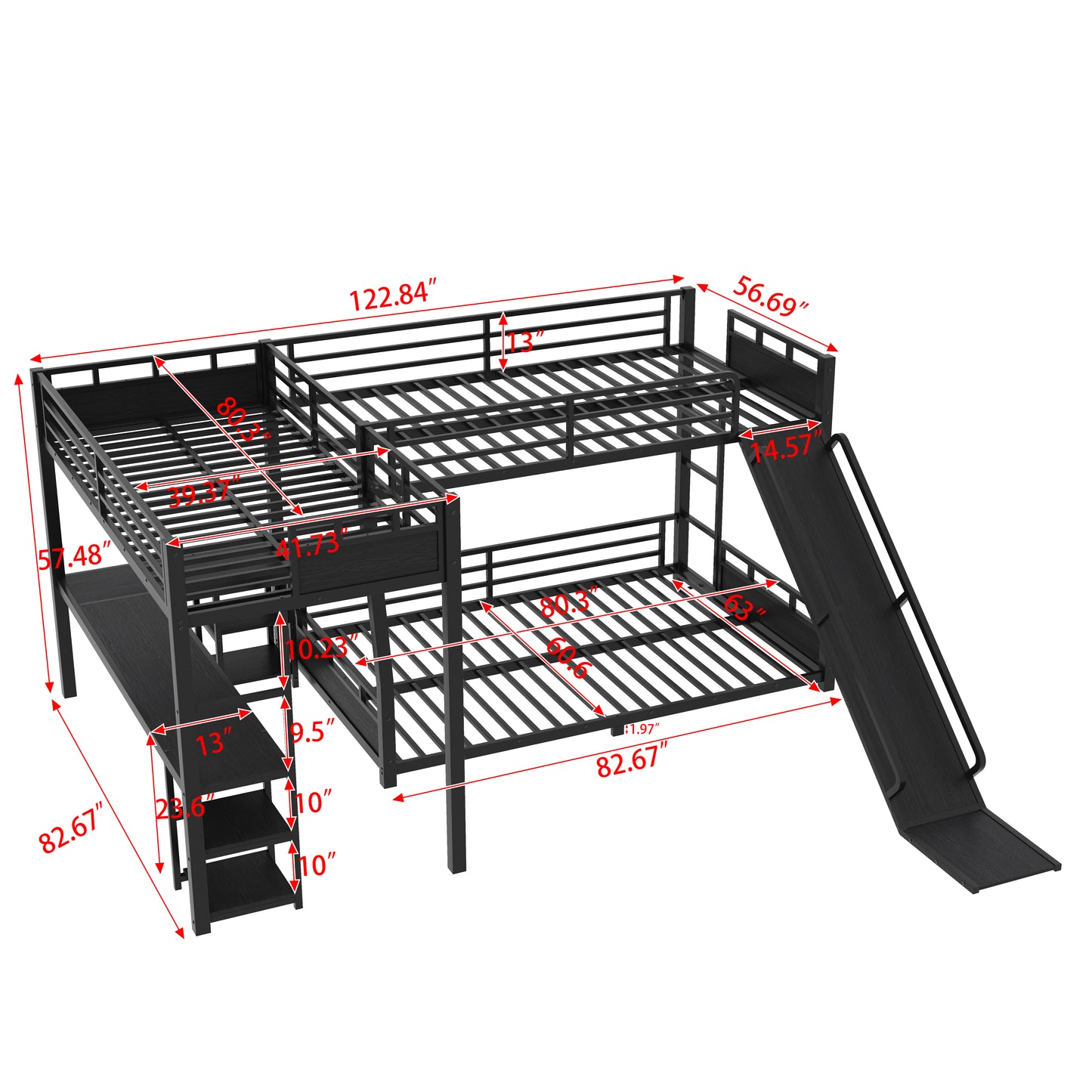 L-Shaped Metal Bunk Bed (Top bed:Full/FullXL, bottom bed: Queen) with Twin XL Loft Bed, Desk, and Storage Shelves,USB Charging Port Included - Metal Triple Bunk Bed with Slide,Black image 5