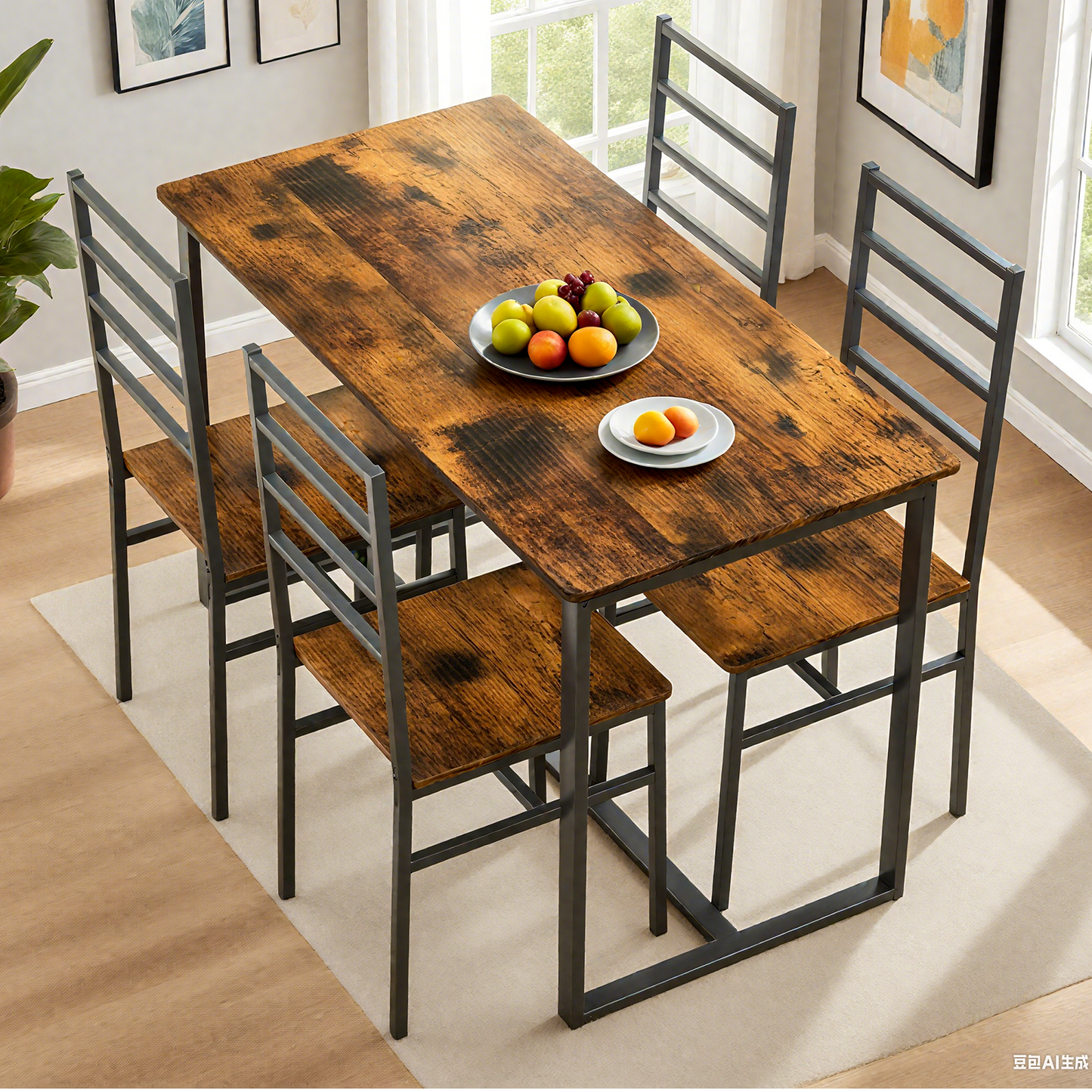 5 Piece Metal and Wood Indoor Modern Dinning Table Furniture Set for 4, Dining Table Chairs image 3