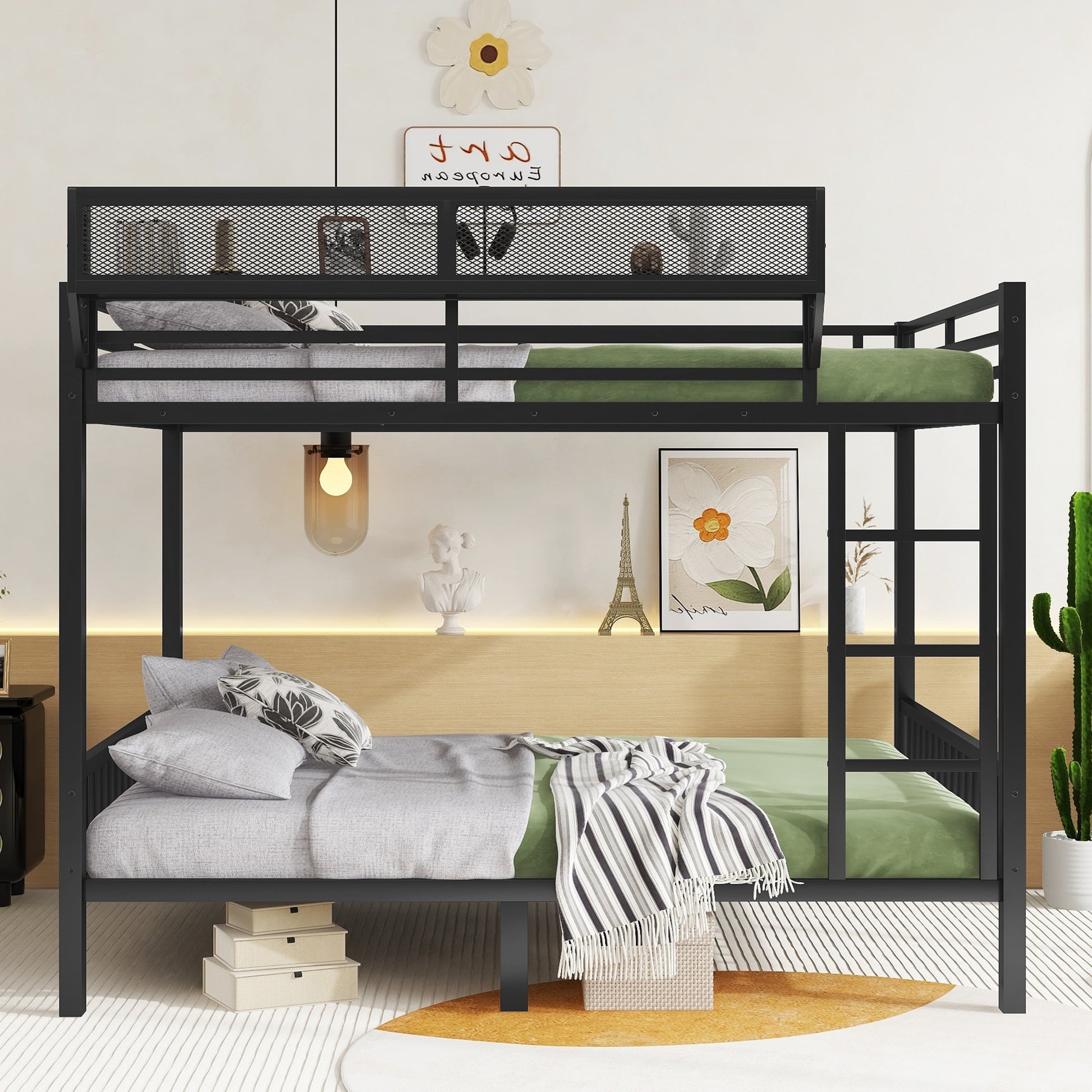 Queen Over Queen Metal Bunk Bed with Ladder and Storage Shelf for Adults Teens,Black(Expect Arrival Date 2025/9/12) image 3