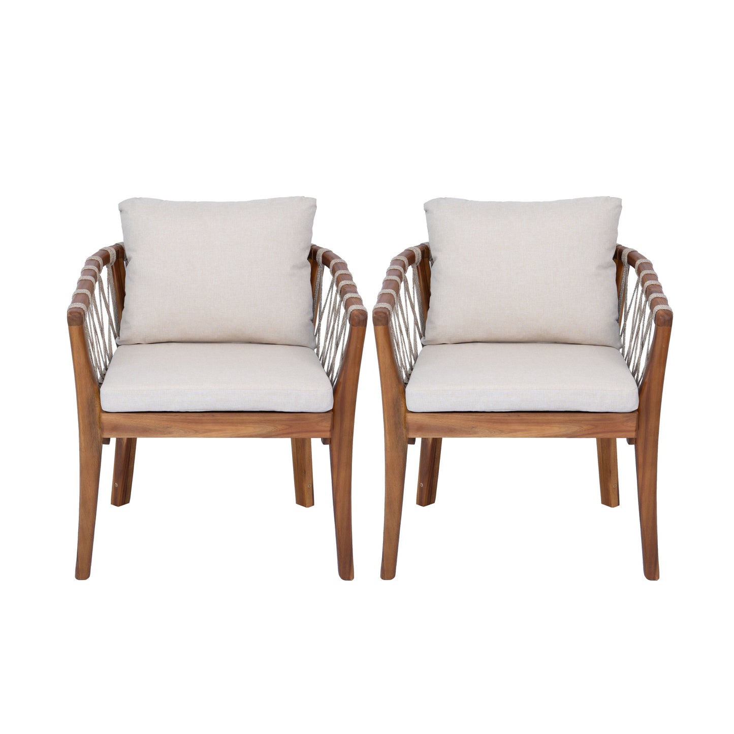 Outdoor Dining Chairs set for 2, Acacia Wood Frame with Teak Finish, Multi Brown Rope Weave, Water Repellent Beige Cushion, Patio Bistro Chairs for Backyard Garden Balcony image 6