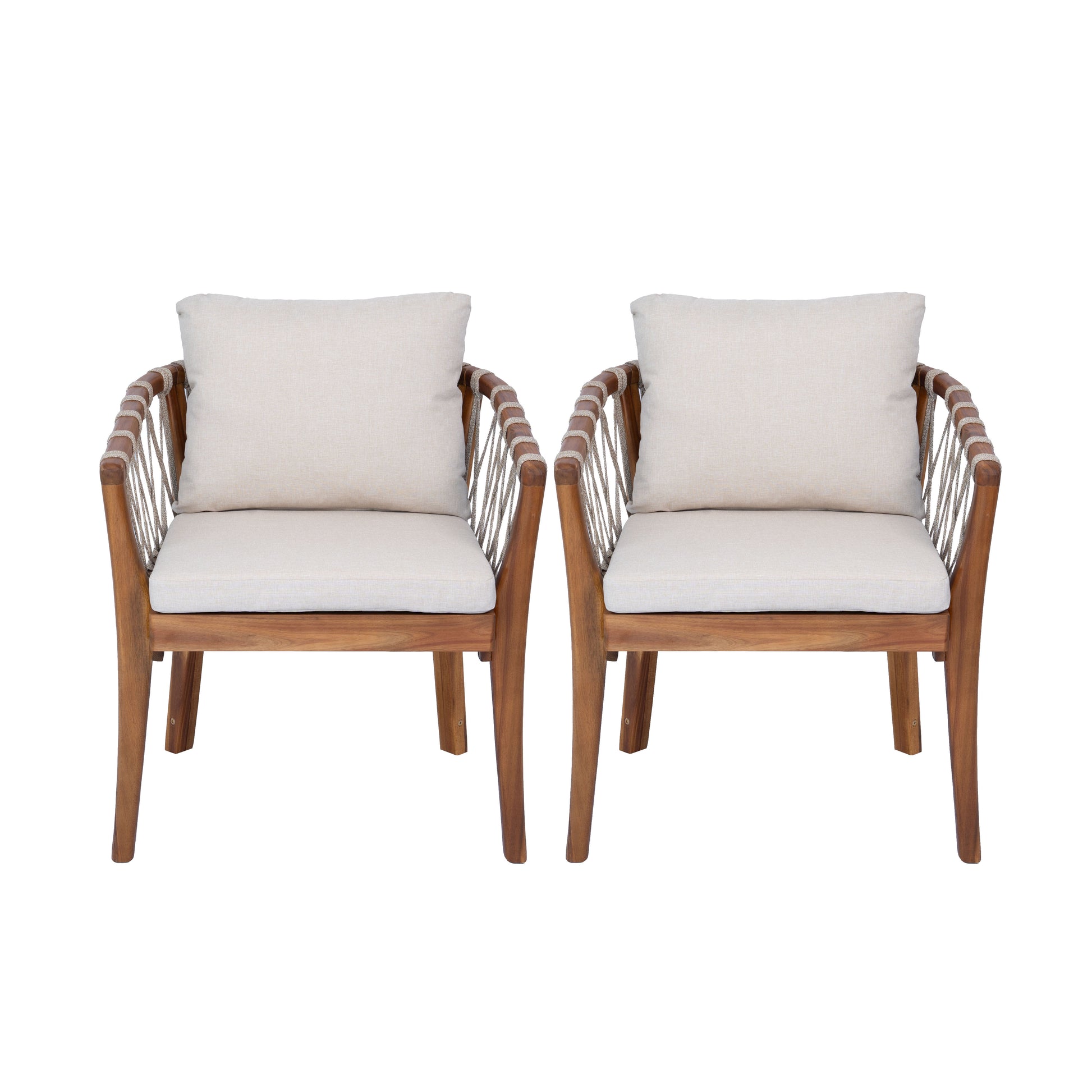 Outdoor Dining Chairs set for 2, Acacia Wood Frame with Teak Finish, Multi Brown Rope Weave, Water Repellent Beige Cushion, Patio Bistro Chairs for Backyard Garden Balcony image 6