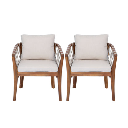 Outdoor Dining Chairs set for 2, Acacia Wood Frame with Teak Finish, Multi Brown Rope Weave, Water Repellent Beige Cushion, Patio Bistro Chairs for Backyard Garden Balcony image 6