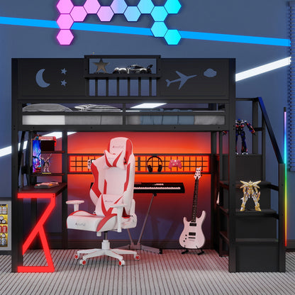 Full Size Loft Bed with Stairs, Metal Full Loft Bed with High Guardrails and Beside Storage Shelf, High Loft Bed with Wardrobe for Kids Teens, black(Expect Arrival Date2026/5/18) image 2