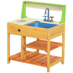 Outsunny Mud Kitchen Outdoor Kitchen Playset for Kids Wooden with Realistic Play Kitchen Toys, Faucet and Sink, Storage Shelves, Gift for Girls and Boys Aged 3-8 Years Old