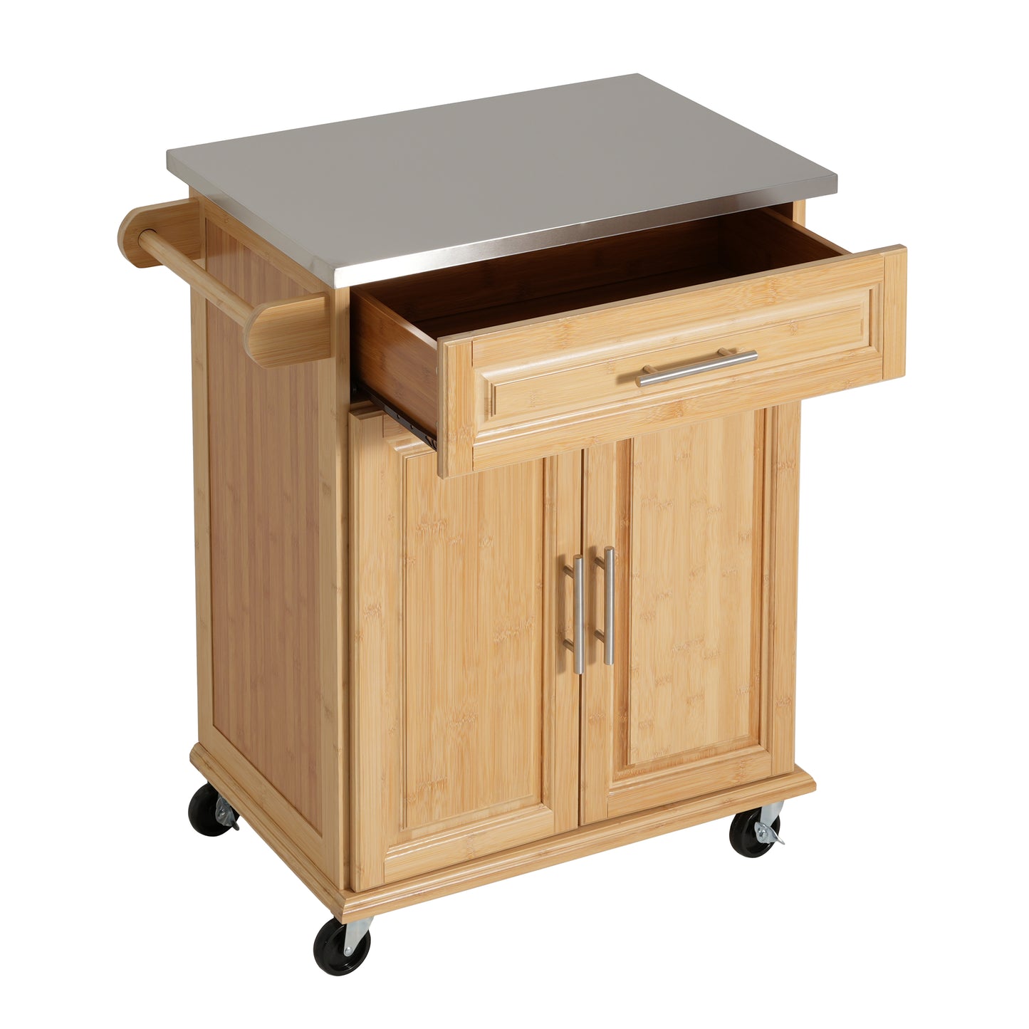 Indoor Compact Bamboo Rolling Kitchen Cart with Stainless Steel Top – Mobile Storage Island with Drawer & Cabinet for Small Spaces image 10