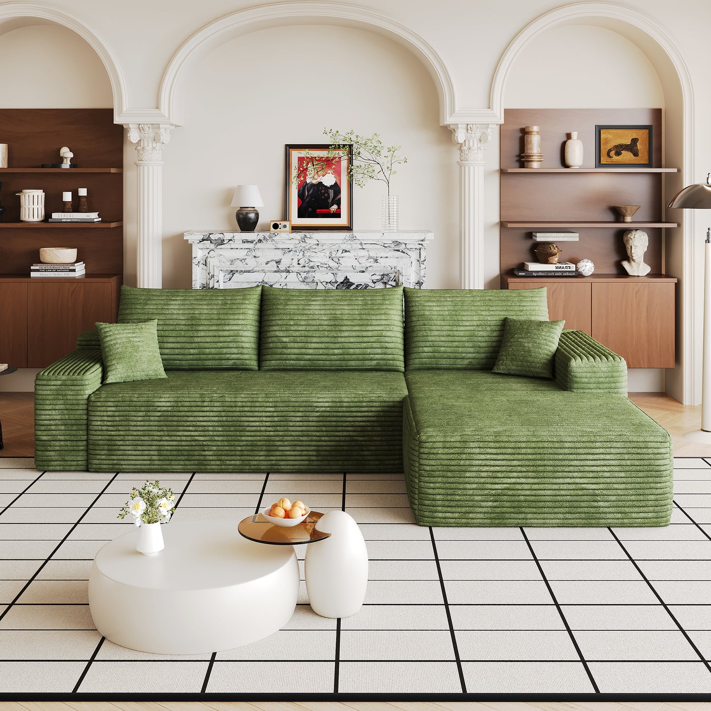 107" Cloud Sectional Couch with L-Shape Chaise,Modern Modular Sofa with Deep Seat, Upholstered Couches for Living Room Bedroom,No Assembly Required, (Plush Corduroy Fabric),Green image 1