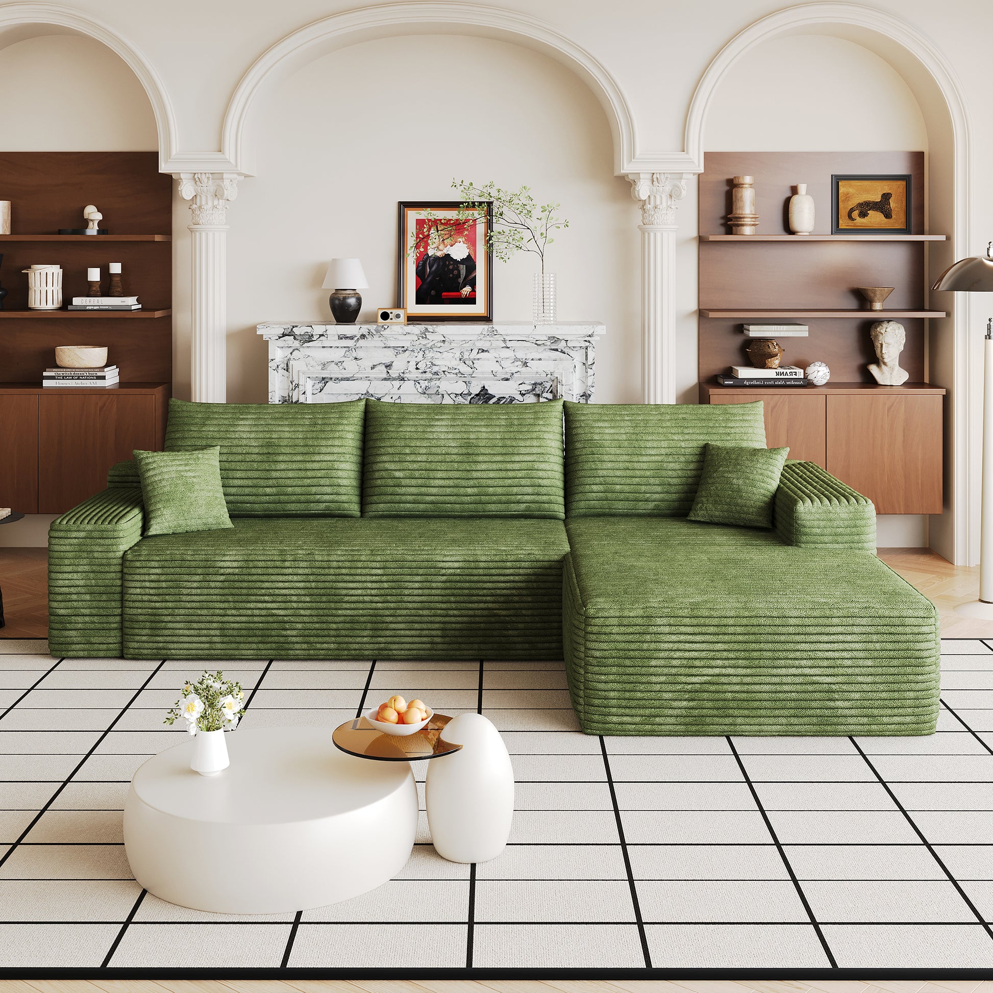 107" Cloud Sectional Couch with L-Shape Chaise,Modern Modular Sofa with Deep Seat, Upholstered Couches for Living Room Bedroom,No Assembly Required, (Plush Corduroy Fabric),Green image 1
