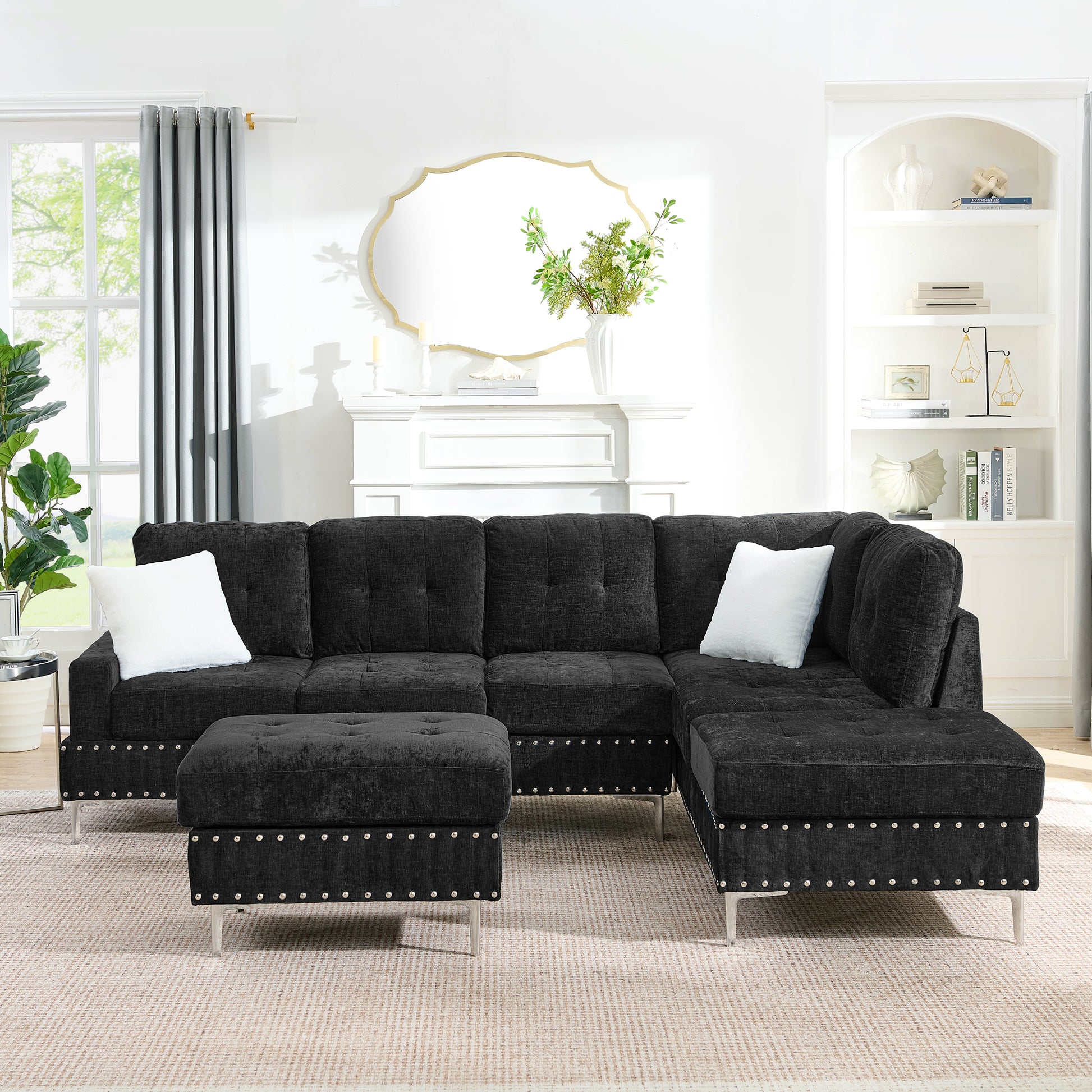 Sectional 3-Seaters Sofa with Chaise, Storage Ottoman, Metal Legs and Copper Nails,Two White Pillows,Black(102" x 76" x35") image 4