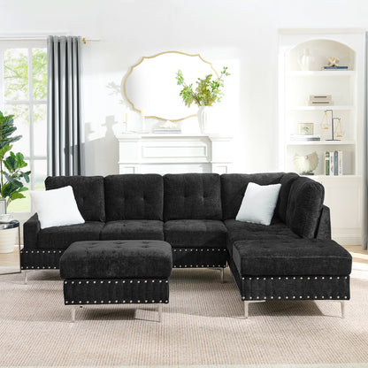 Sectional 3-Seaters Sofa with Chaise, Storage Ottoman, Metal Legs and Copper Nails,Two White Pillows,Black(102" x 76" x35") image 4