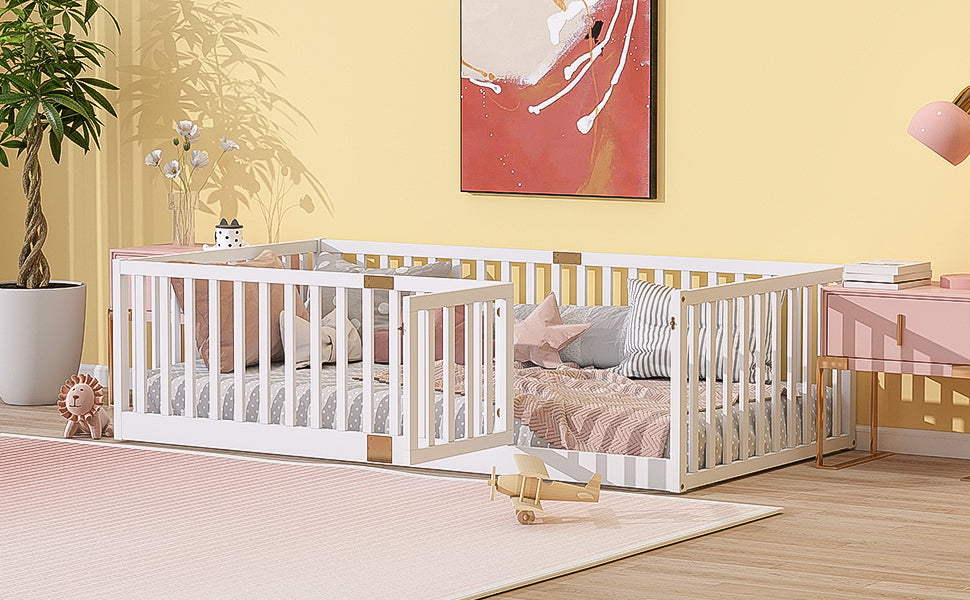 Twin Size Floor Bed with High Fence Railings, with Door, Rubber Wood Floor Bed with Safety Guardrails,White (Old Sku W504P287652) image 5