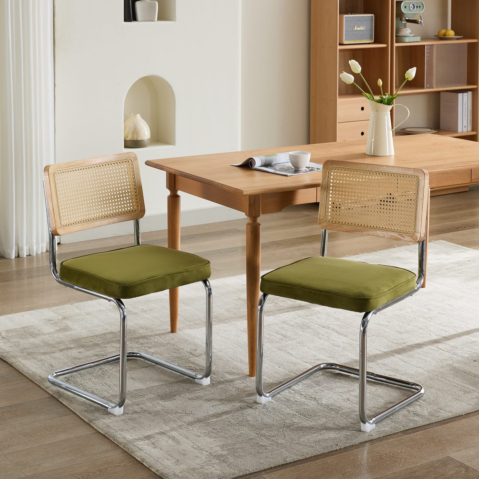 Mid Century Modern Dining Chairs Set of 2, Velvet Accent Chairs with Natural Cane Back & Stainless Chrome Base, Famous Breuer Designed Chairs, Upholstered Rattan Kitchen Chairs,Olive-Green image 1