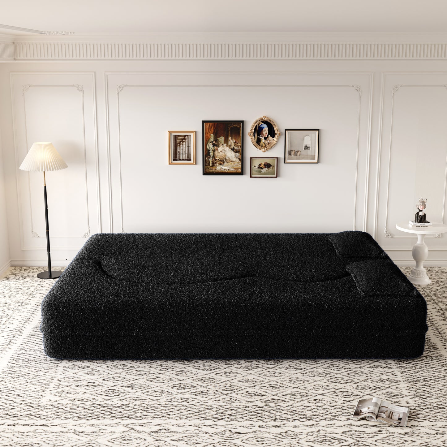 Modern Floor Sofa with 2 Pillows,Convertible Sherpa Fleece Fabric Foam-Filled Sleeper Sofa Bed,15" Full Size Folding Mattress for Living Room,Guest Bed,no assembly required,Black(SameW1885P2722) image 3