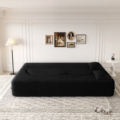 Modern Floor Sofa with 2 Pillows,Convertible Sherpa Fleece Fabric Foam-Filled Sleeper Sofa Bed,15" Full Size Folding Mattress for Living Room,Guest Bed,no assembly required,Black(SameW1885P2722) image 3