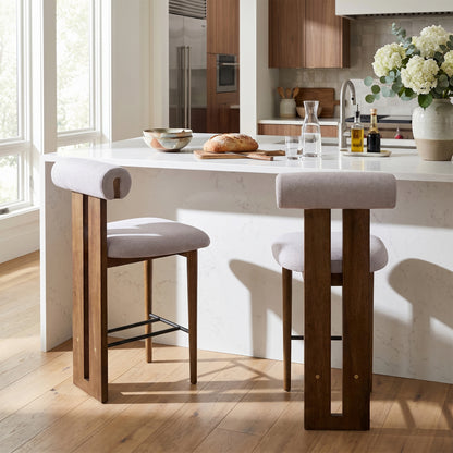 Renee Indoor Modern Split-Back Rubber Wood Counter Stool with Ivory Upholstery, Dark Walnut Finish, Set of 2 image 1