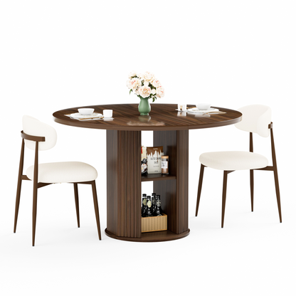 47.24" Round Dining Table (Serves 2–4) with Two Dining Chairs Blends modern and farmhouse styles, featuring a double-tiered storage shelf, suitable for dining rooms or living spaces.Walnut image 1