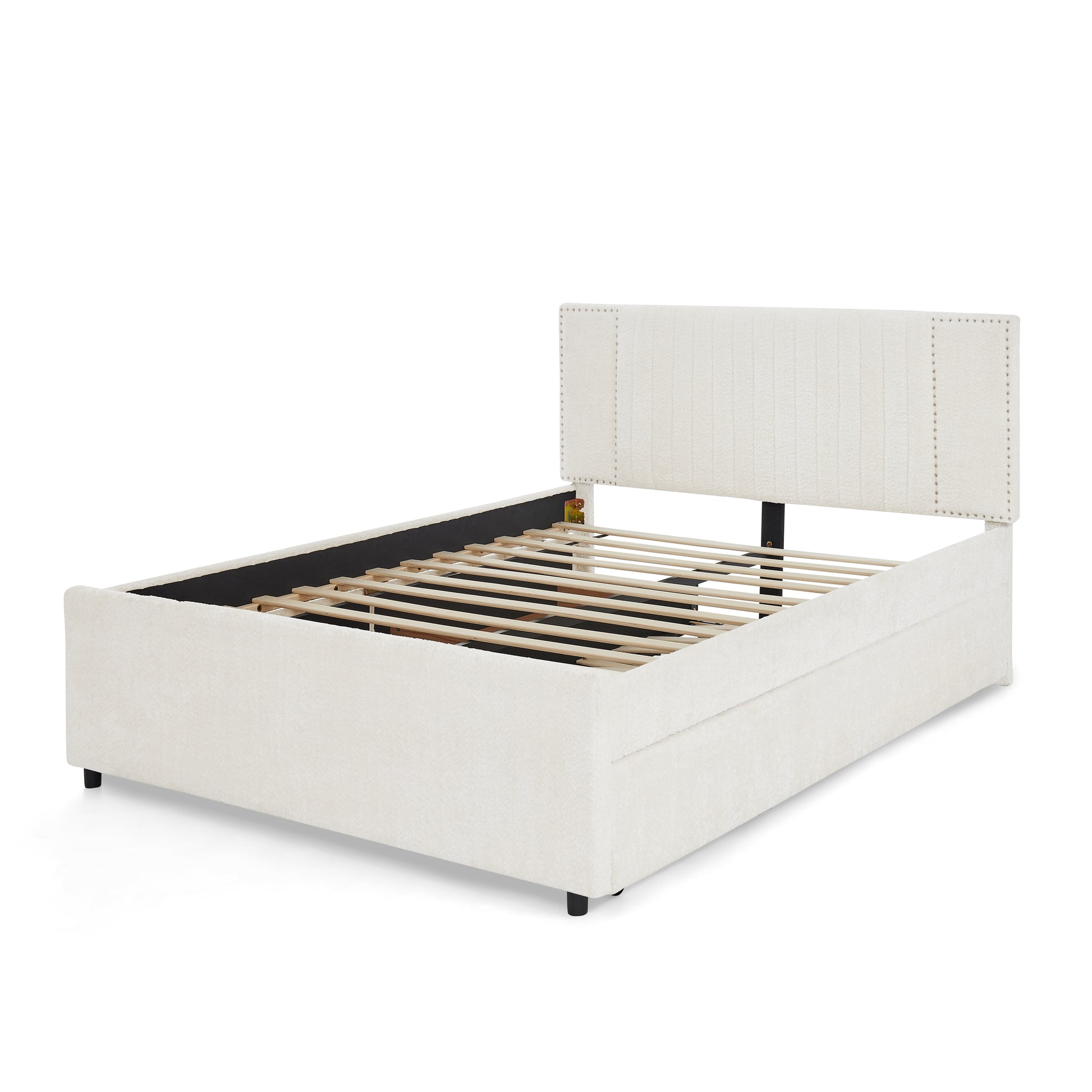 Queen Size Vertical Channel Tufted Headboard & Nailhead Trim Space Saving Upholstered Bed, Multi-functional Design with 2 Storage Drawers and Pull-out Trundle Bed, Chenille image 12