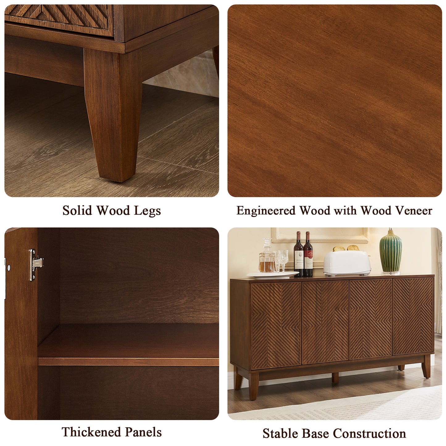 56" Mid Century Modern TV Stand, Wood Storage Cabinet with Carved Geometric Doors, 4 Door Media Console, Sideboard Buffet Cabinet for Living Room, Dining Room, Entryway image 10