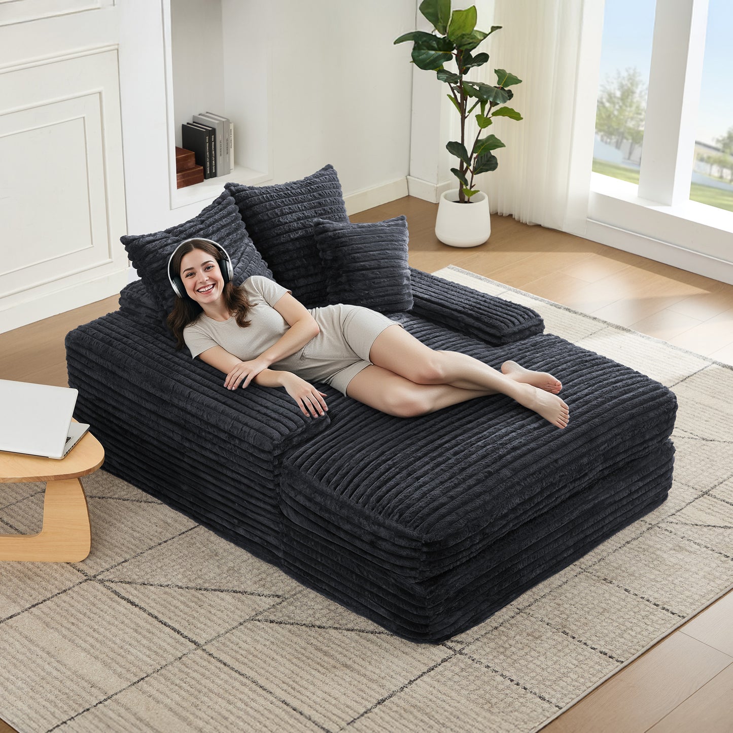 012-Luxury Corduroy Convertible Chaise Lounge with 4 Pillows, Ultra-Soft Sofa Bed No Assembly Required, Instant Setup Lounge Chair Bed for Living Room, Apartment & Small Spaces,Grey image 1
