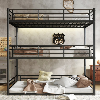 Full over Full over Full Bunk Bed, Metal Triple Bunk Bed with Safety Guardrails, Heavy-duty Bunk Bed with Noise-reduced Design, Black image 2