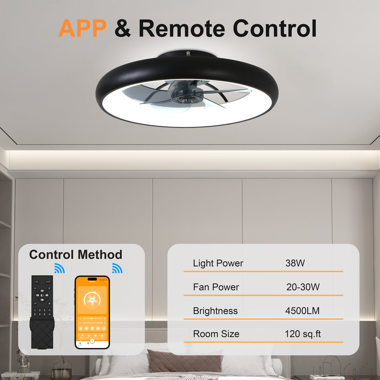 21.7 inch black ceiling fan with light - specification diagram