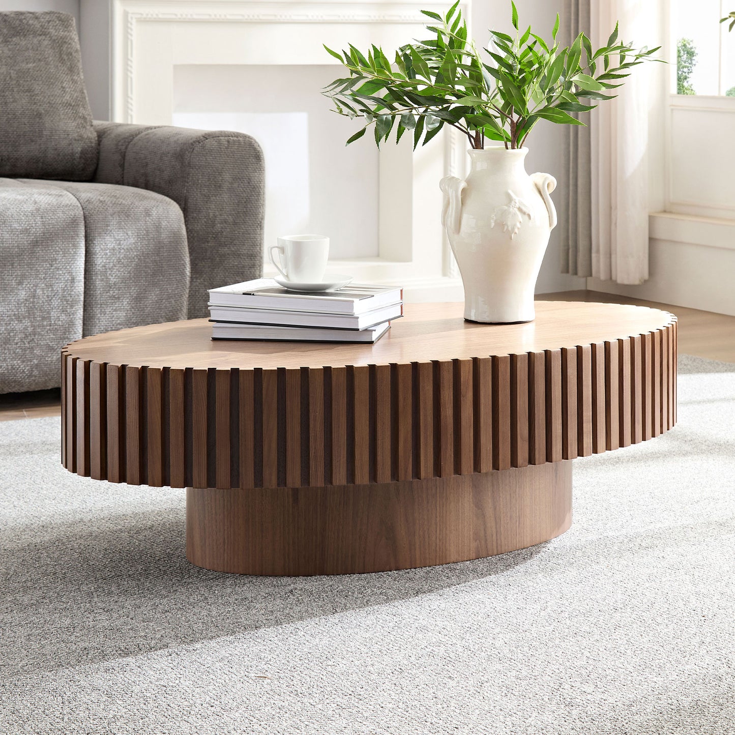 Modern Handcraft Drum Coffee Table Length 43.7 inch Ellipse Coffee Table for Living Room,Oval Small Coffee Table with Sturdy Pedestal,Walnut MDF,W2582P251185 image 1