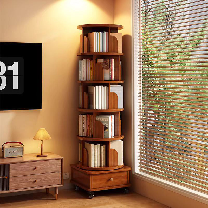 (UPGRADED) Rotating Bookshelf, 360 Display Corner Bookshelf for Small Space, 6 Tier Bookcase Storage Rack with Wheels, Wood Narrow Organizer for Bedroom, Living Room, Study Room, Walnut Brown image 1