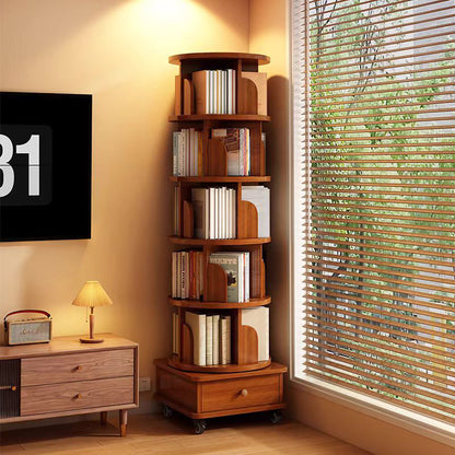 (UPGRADED) Rotating Bookshelf, 360 Display Corner Bookshelf for Small Space, 6 Tier Bookcase Storage Rack with Wheels, Wood Narrow Organizer for Bedroom, Living Room, Study Room, Walnut Brown image 1