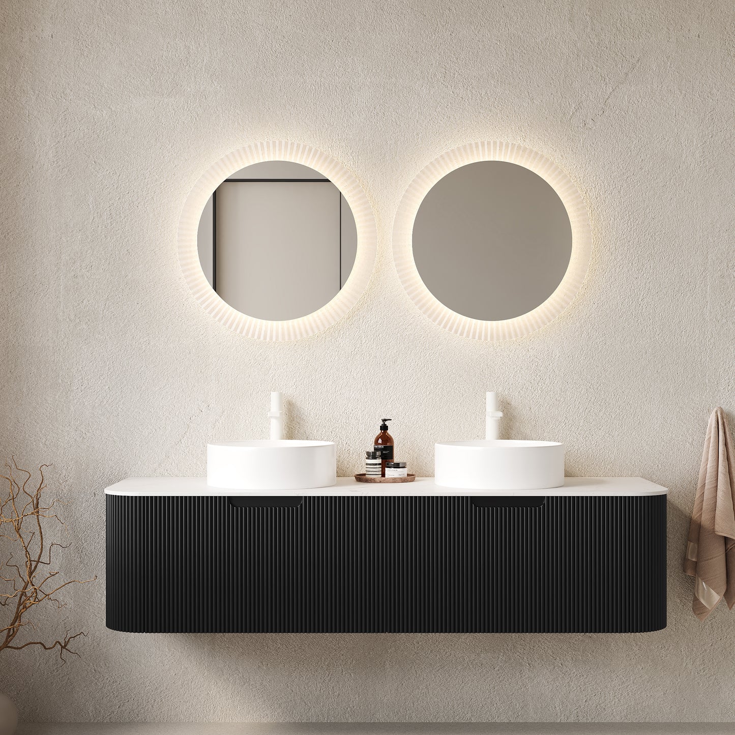 DINA 60" Bathroom Vanity&Sinks, Floating Curved Edges Striped Bathroom Storage Cabinet with 2 Drawers, 2 White Round Ceramic Basins&Carrara White Sintered Stone Countertop, Pre-assembled, Black Color image 1