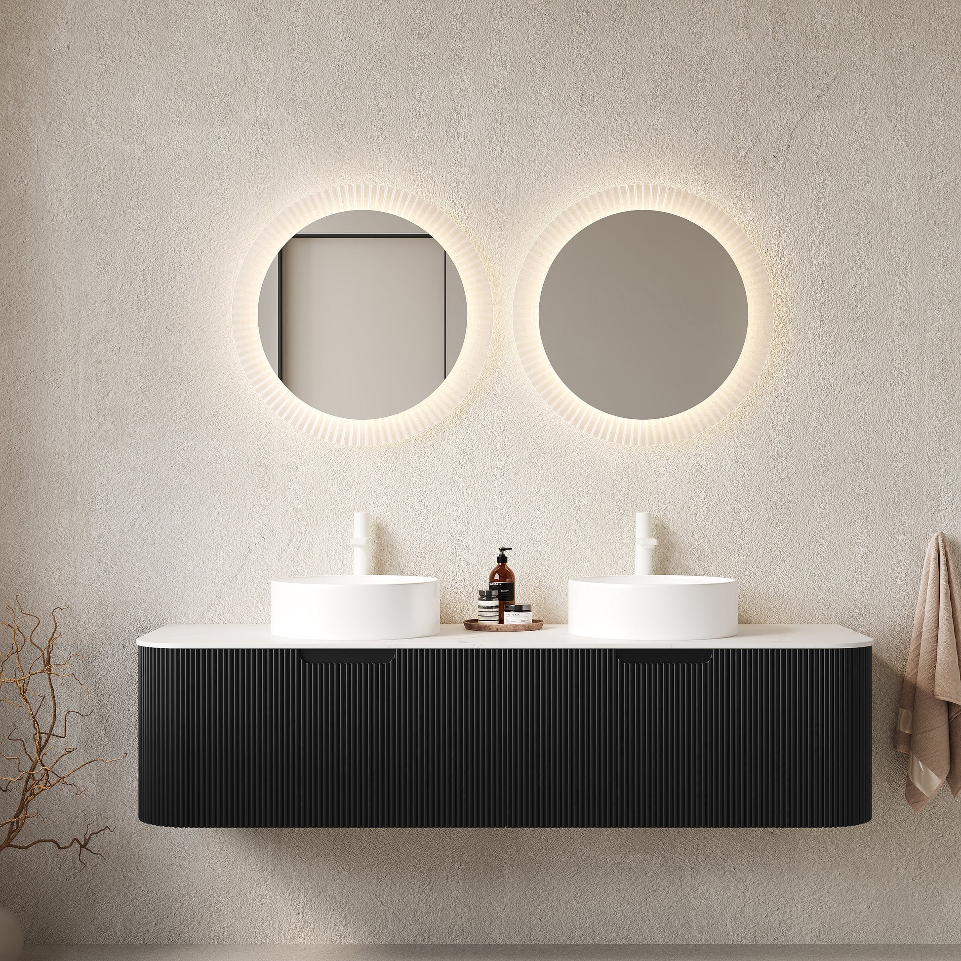 DINA 60" Bathroom Vanity&Sinks, Floating Curved Edges Striped Bathroom Storage Cabinet with 2 Drawers, 2 White Round Ceramic Basins&Carrara White Sintered Stone Countertop, Pre-assembled, Black Color image 1