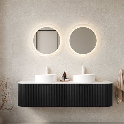 DINA 60" Bathroom Vanity&Sinks, Floating Curved Edges Striped Bathroom Storage Cabinet with 2 Drawers, 2 White Round Ceramic Basins&Carrara White Sintered Stone Countertop, Pre-assembled, Black Color image 1