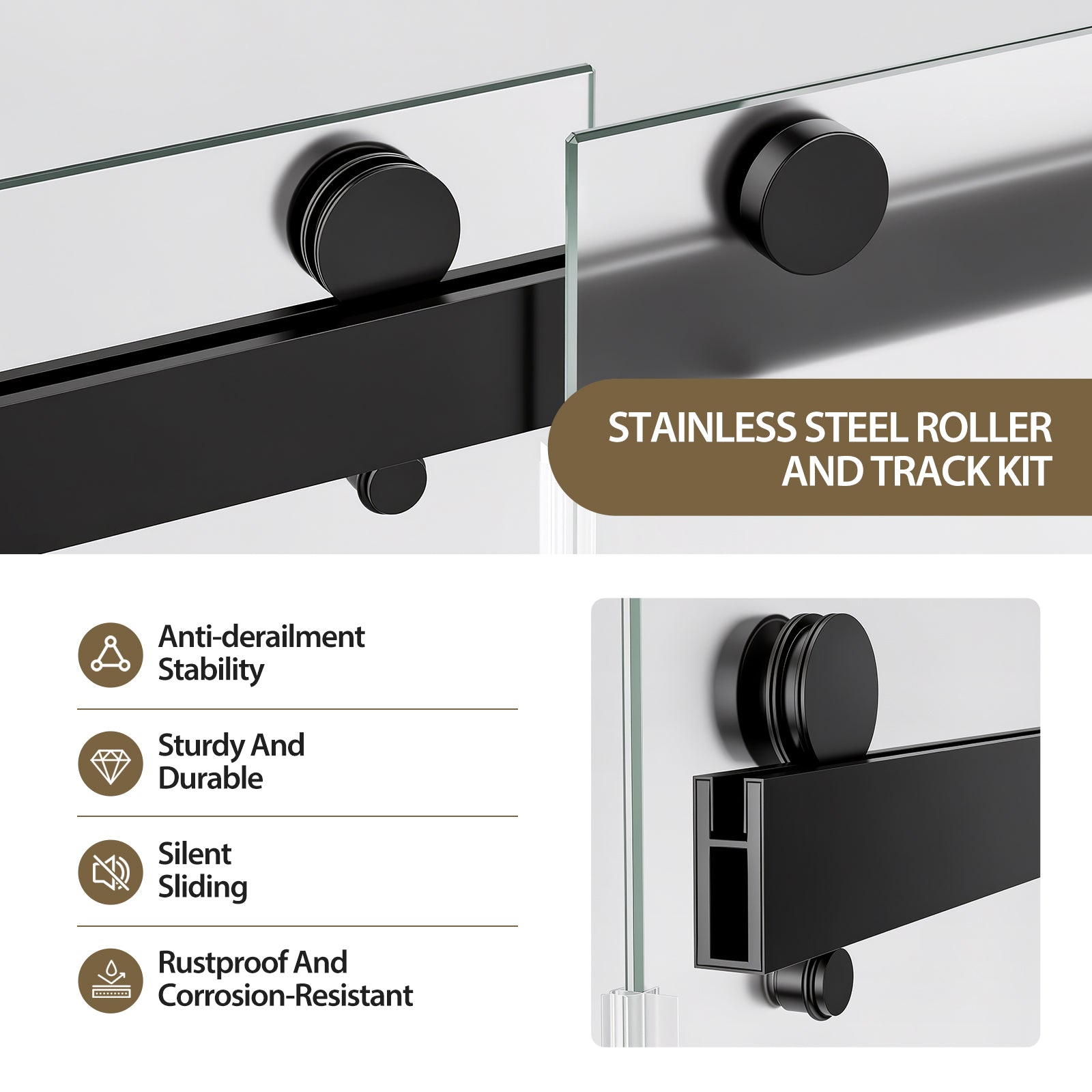 56-60" W x 60" H Frameless Double Sliding Shower Door, Premium 1/4" (6mm) Thick Frosted Ultra-Clear Nano-Coated Tempered Glass, Stainless Steel, Matte Black image 7