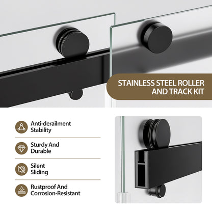 56-60" W x 60" H Frameless Double Sliding Shower Door, Premium 1/4" (6mm) Thick Frosted Ultra-Clear Nano-Coated Tempered Glass, Stainless Steel, Matte Black image 7