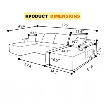 126" Cloud Sectional Sofa with U-Shape Chaise and Side Pockets and Cup holder, Modern Modular Design, Deep Seating, Upholstered Couch for Living Room/Bedroom, No Assembly Required (Plush)Black image 7