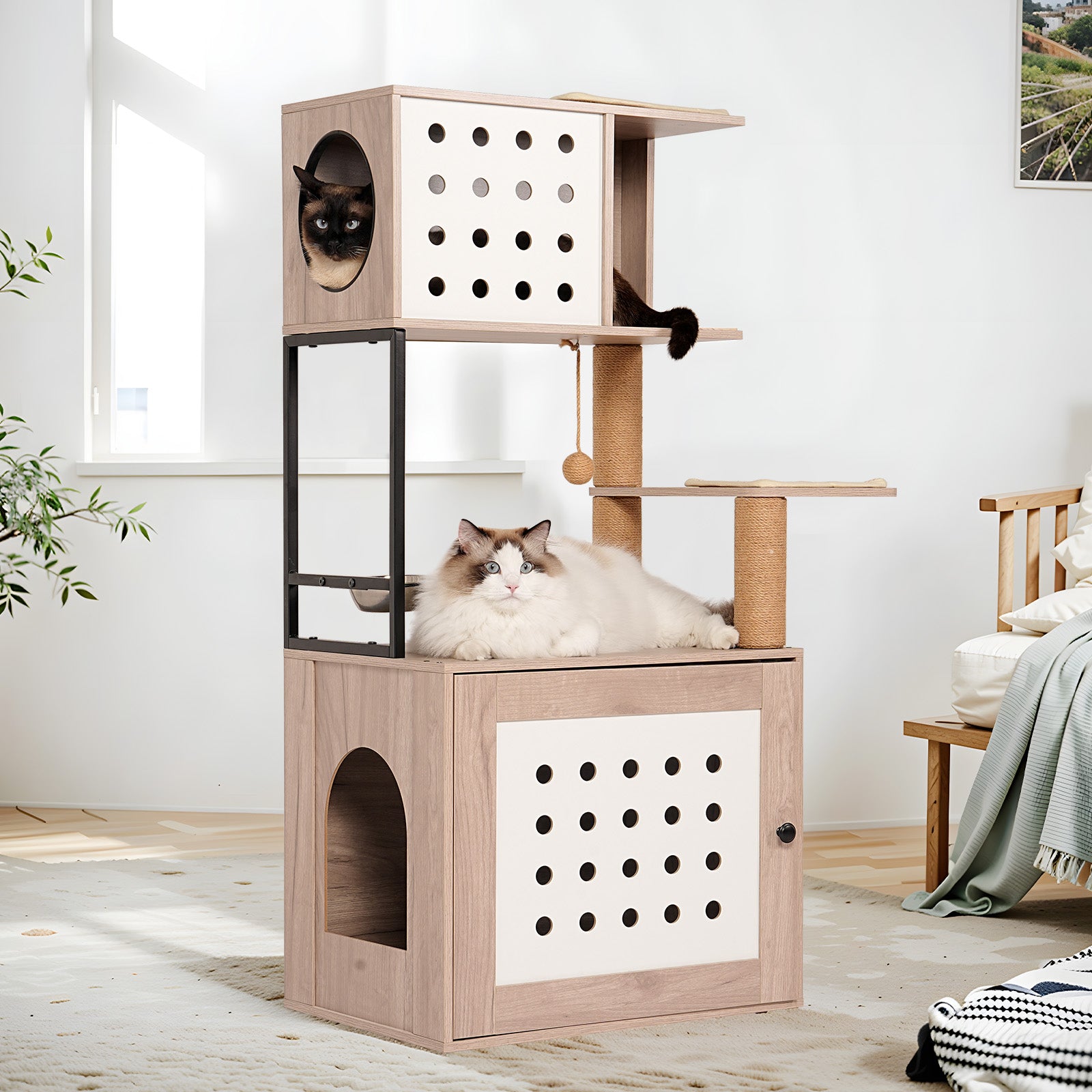 Cat Tree with Litter Box Enclosure, All-in-one Cat Tower for Indoor Cats with Large Hammock, Bed, Food Station, Scratching Posts, Modern Style Pet Furniture, Gray+white image 4