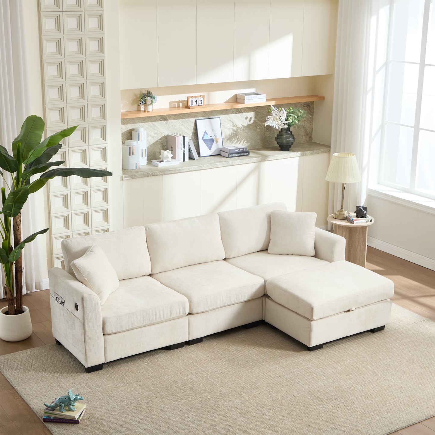 Modern Storage Sofa with Dual USB, 2 Side Pockets,Ottoman Storage Bench Cloud Sectional Chenille Sofa Oversized,4-Seat, L-Shaped Couch,Beige image 3