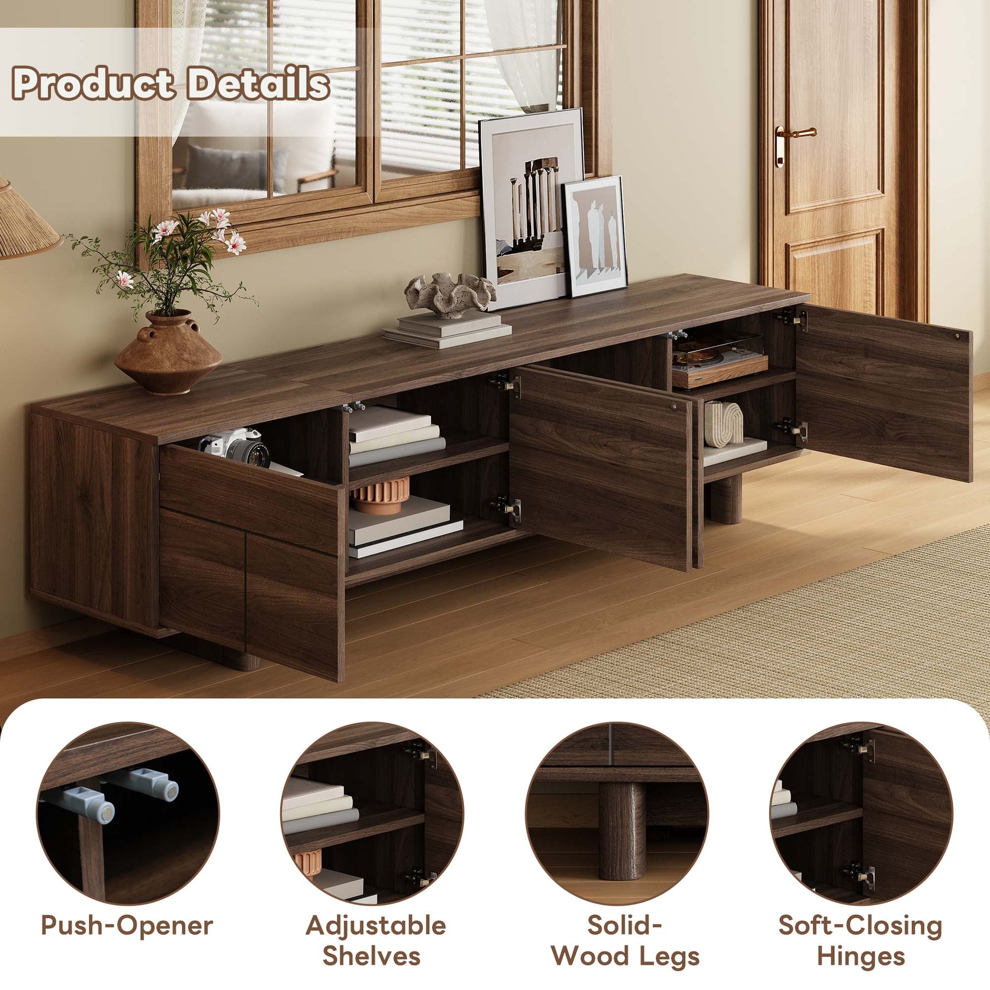 78 inch Modern TV Stand for TVs up to 85", Entertainment Center with with Solid Wood Legs, Cable Management, Push-Openers, Soft-Closing Hinges & Adjustable Shelves for Living Room image 7