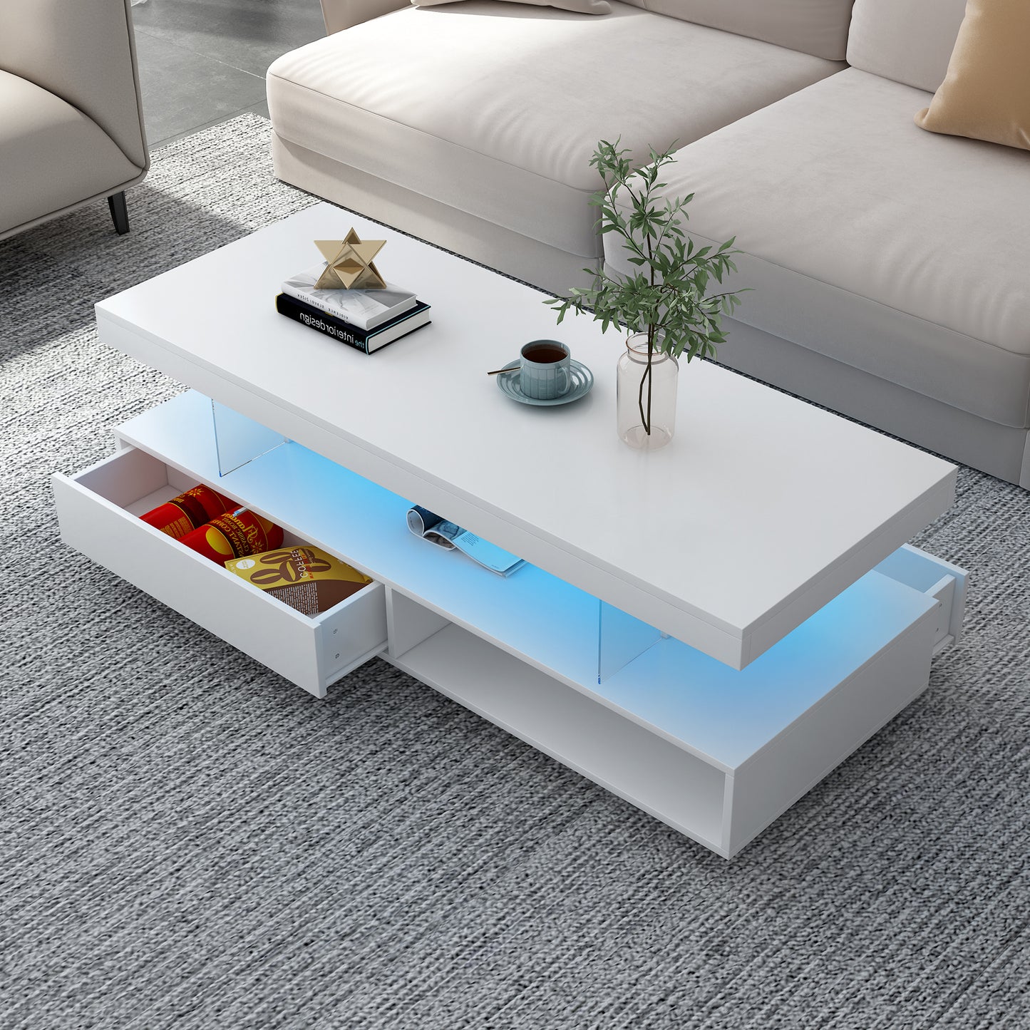 VIBE HAUS LED Coffee Table with Storage, Modern Center Table with 2 Drawers and Display Shelves, Accent Furniture with LED Lights for Living Room,White image 3