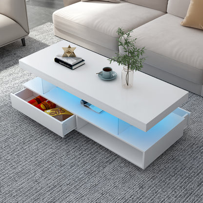 VIBE HAUS LED Coffee Table with Storage, Modern Center Table with 2 Drawers and Display Shelves, Accent Furniture with LED Lights for Living Room,White image 3