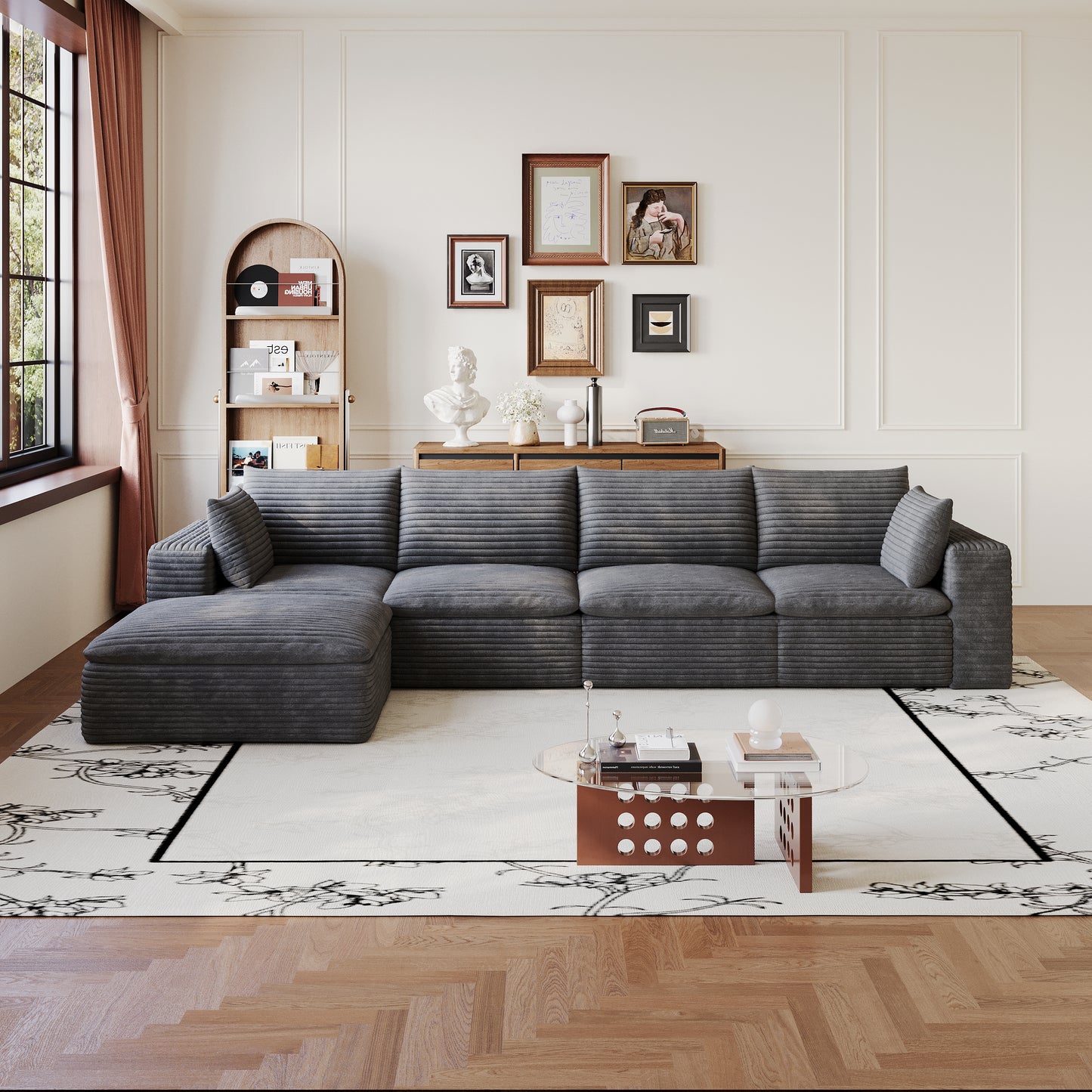 134" Cloud Sofa,Corduroy Fabric,Deep Seat Couches,Double-layer design,Removable Cushion,No Assembly, DIY Combination for Living room, Bedroom,Conference room,Apartment,Dark Grey image 4